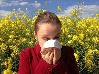 Natural Approaches to Seasonal Allergies - Woman blowing nose surrounded by pollen. 